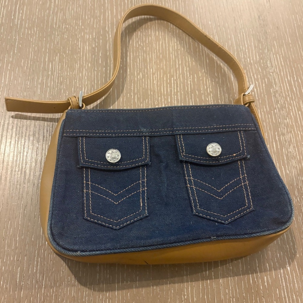 Y2K‎ Denim Mini Shoulder Bag Blue Jean Purse Faux Leather Trim Small Handbag